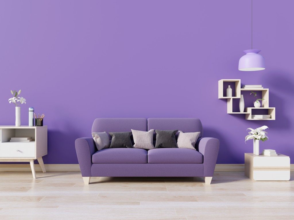 a purple-themed living room