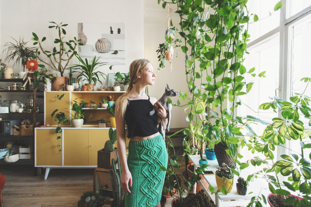Room with full of plants with woman with cat looking out of window