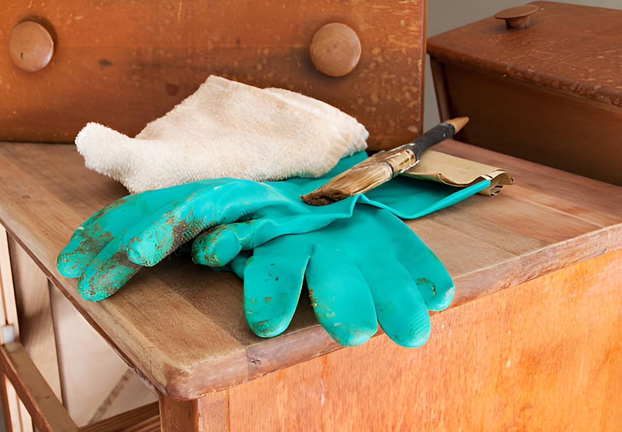 gloves and brushes on wooden furniture 