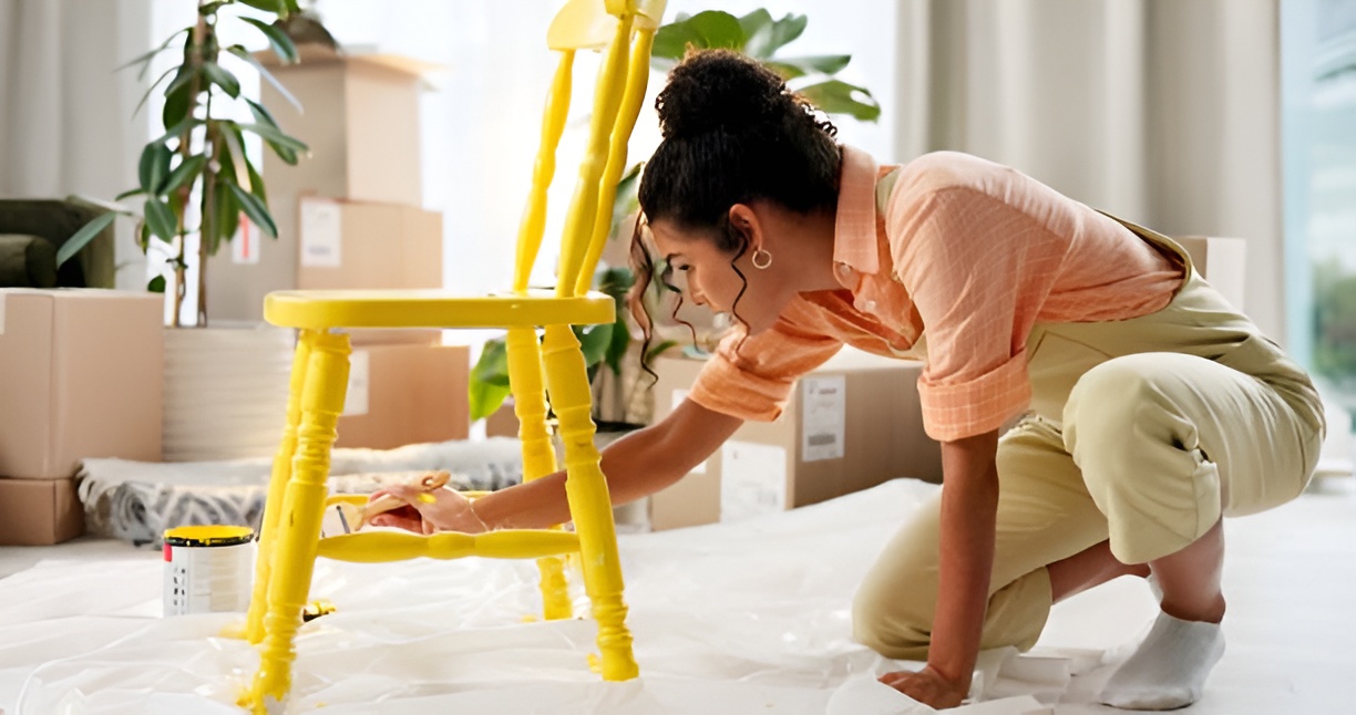 woman painting a wooden chair yellow